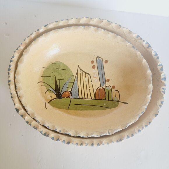2 Vtg Mexican Tlaquepaque Nesting Oval Casseroles Cream 9" And 10" - Picture 1 of 8